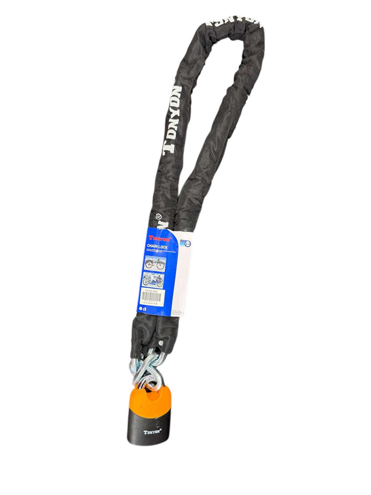 מנעול שרשרת TONYON 10x1500 מ״מ עם ציפוי בד ומנעול שחור-כתום – כולל 3 מפתחות”
